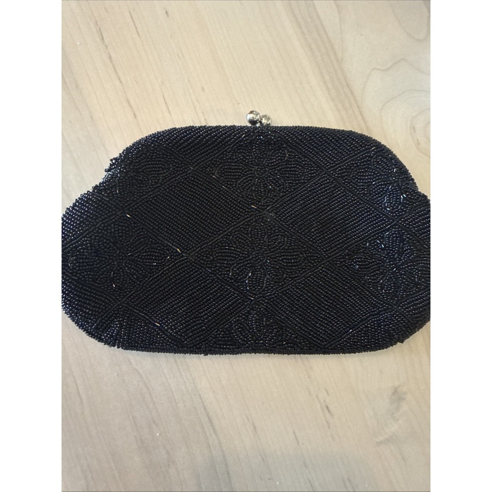 Vintage By Debbie Beaded Black Formal-Evening Clutch Made in Japan Kiss lock